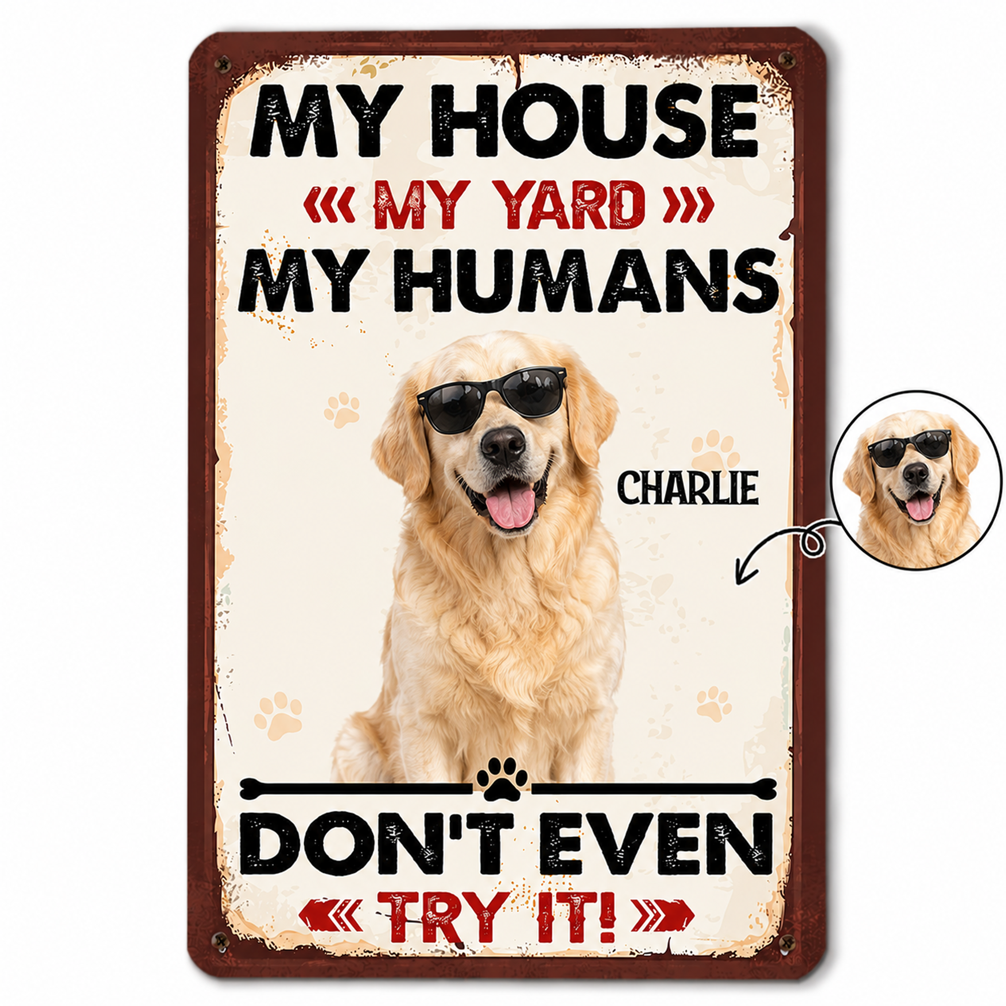 Personalized Dog Protects Here Metal Sign – Custom Dog Breed Warning Sign for Yard, Funny Pet Lover Home Decor Gift