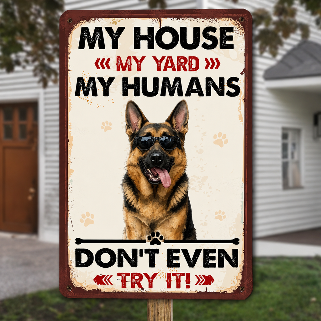 Personalized Dog Protects Here Metal Sign – Custom Dog Breed Warning Sign for Yard, Funny Pet Lover Home Decor Gift