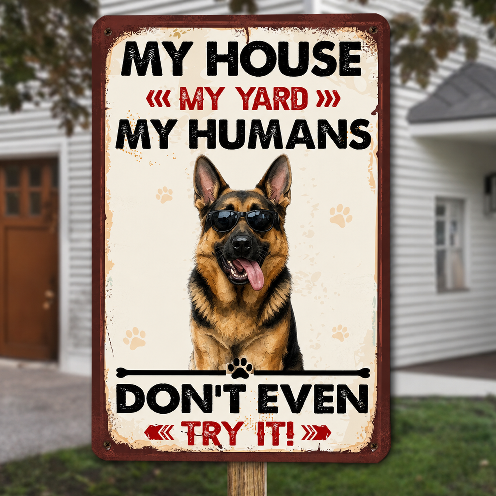 Personalized Dog Protects Here Metal Sign – Custom Dog Breed Warning Sign for Yard, Funny Pet Lover Home Decor Gift